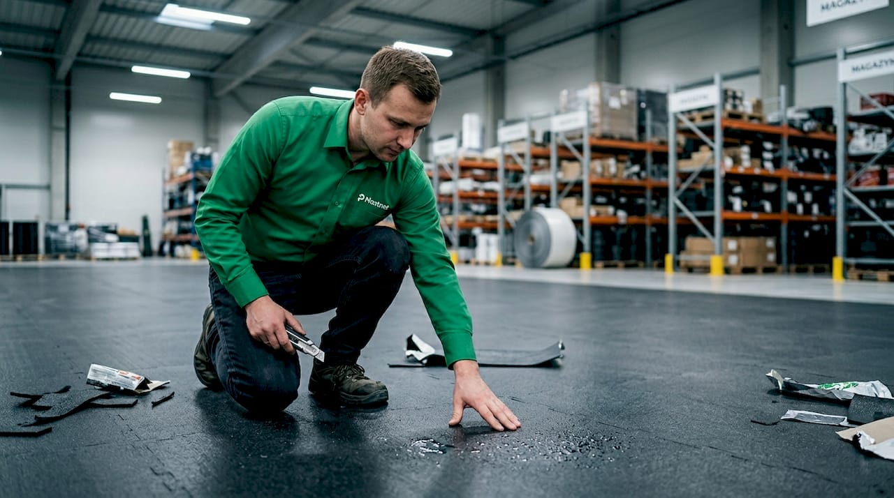 Pracownik sprawdza jakość gumowej posadzki w magazynie przemysłowym.