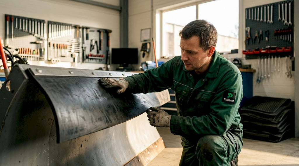 Mechanik sprawdza gumowy lemiesz na świeżym powietrzu