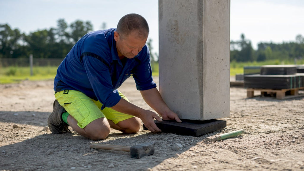Ktoś układa gumową matę pod betonowy fundament.